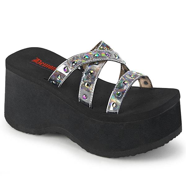 Demonia Women's Funn-19 Platform Sandals - Black Oil Flick Hologram D1358-26US Clearance